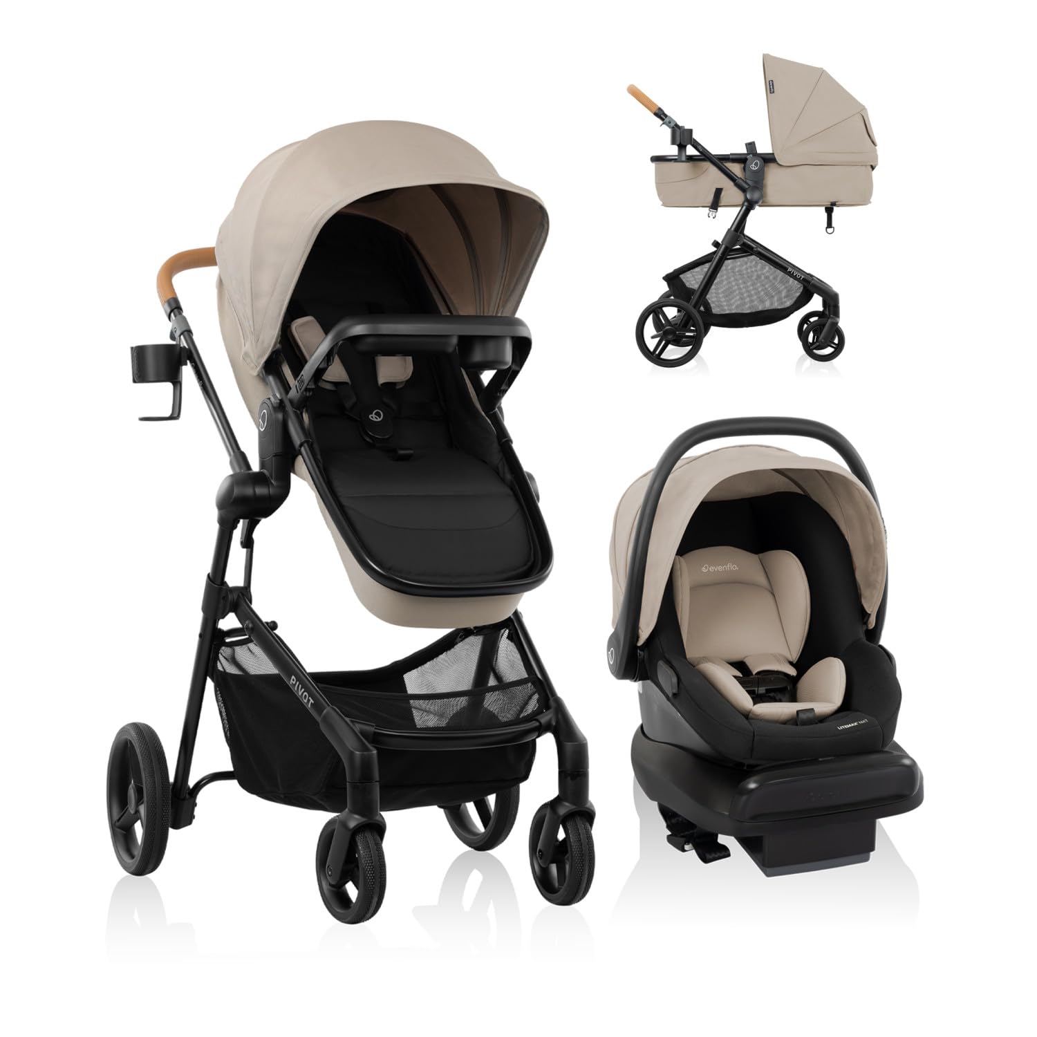 Evenflo Pivot NXT Travel System With LiteMax NXT Infant Car Seat Latte Tan For Easy On The Go