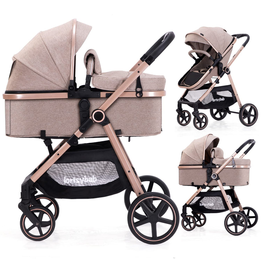 2-In-1 Baby Stroller Foldable With Reversible Seat For Infants And Toddlers 0-36 Months Beige